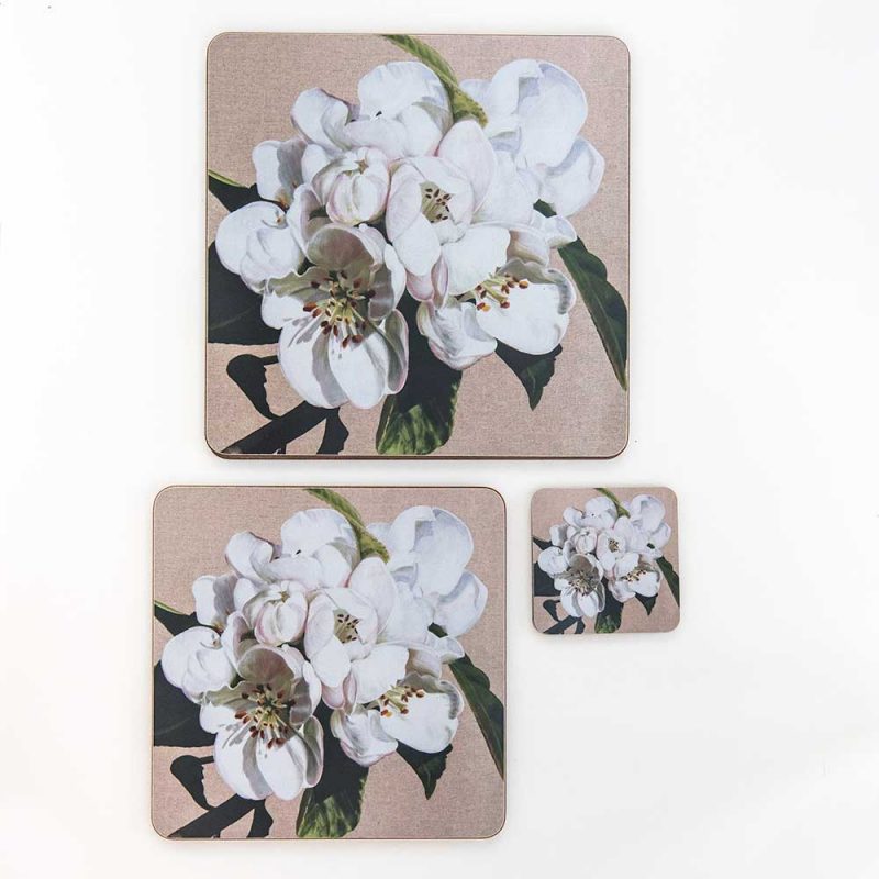 White apple blossom on linen painting by Sarah Caswell melamine tablemat and coaster range