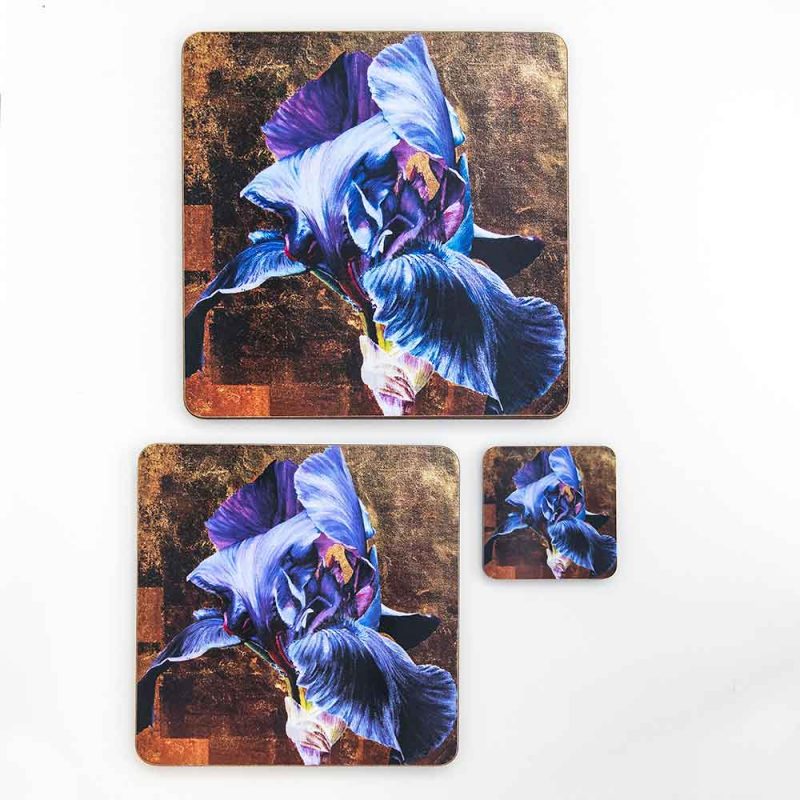 Deep blue irises on gold background painting by Sarah Caswell melamine tablemat and coaster range