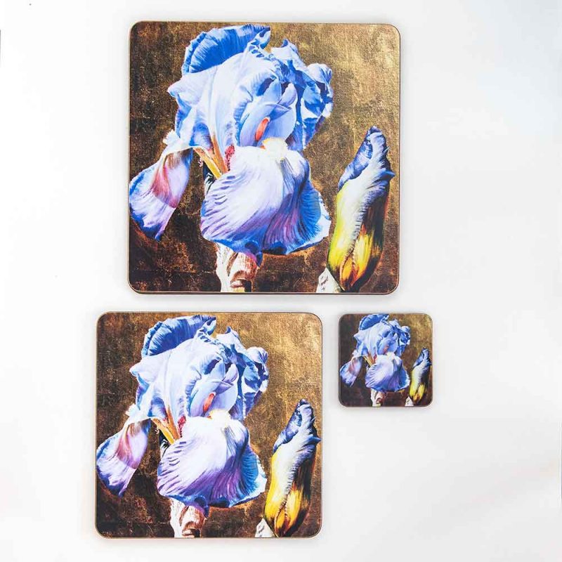 Blue irises on gold painting by Sarah Caswell melamine tablemat and coaster range