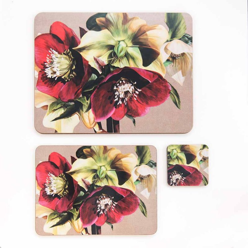 Burgundy and green hellebores on linen painting by Sarah Caswell melamine tablemat and coaster range