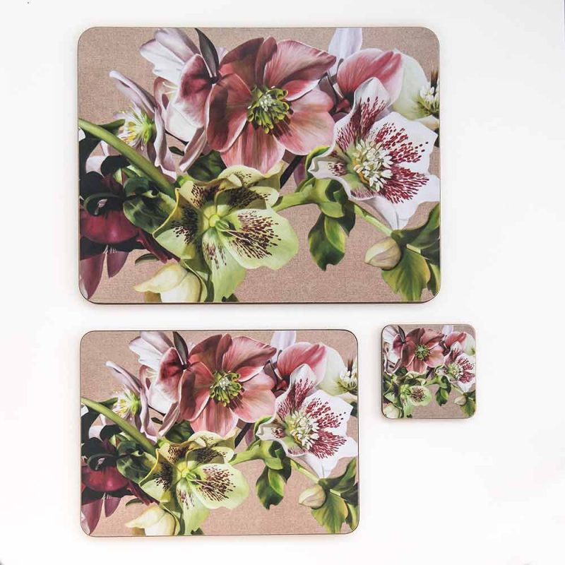 Pink, green and spotted white hellebores on linen painting by Sarah Caswell melamine tablemat and coaster range