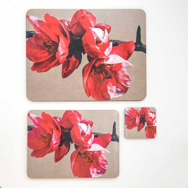 Red japonica chaenomeles on linen painting by Sarah Caswell melamine tablemat and coaster range