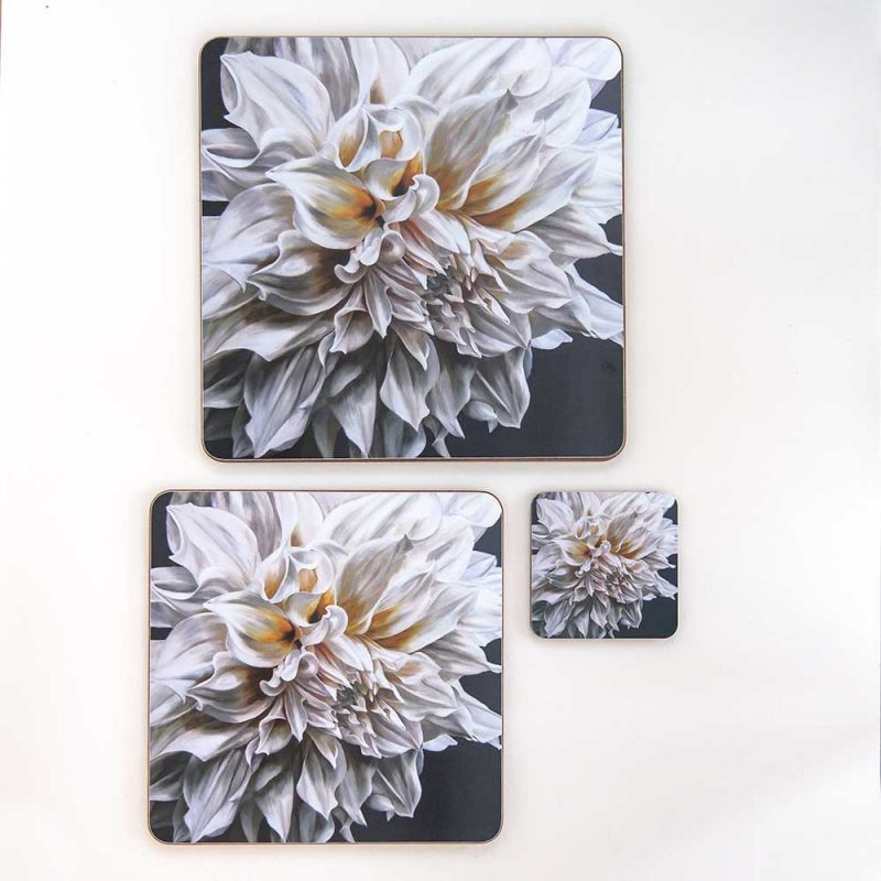 White Cafe au Lait dahlia on black painting by Sarah Caswell melamine tablemat and coaster range