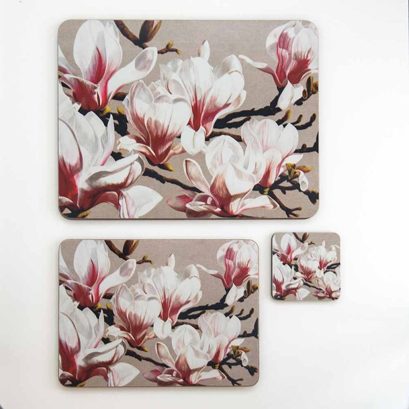 Pink and white magnolia on linen painting by Sarah Caswell melamine tablemat and coaster range