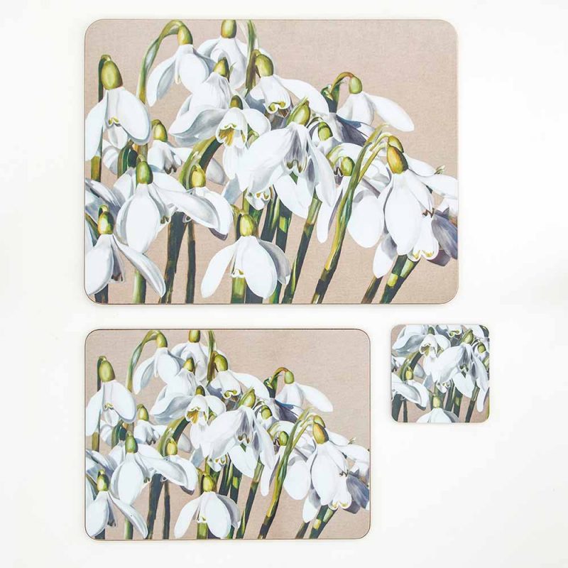 White and green snowdrops galanthus on linen painting by Sarah Caswell melamine tablemat and coaster range