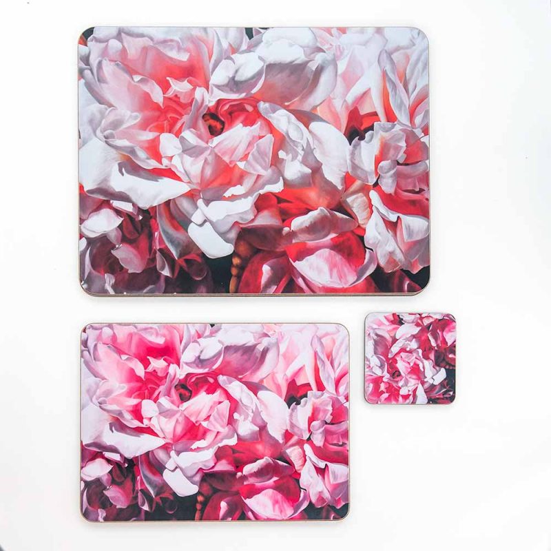 Pink Albertine roses painting by Sarah Caswell melamine tablemat and coaster range