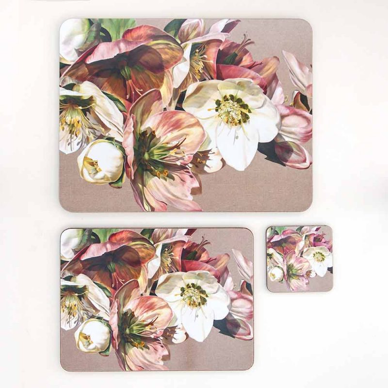 Pink and white hellebores on linen painting by Sarah Caswell melamine tablemat and coaster range
