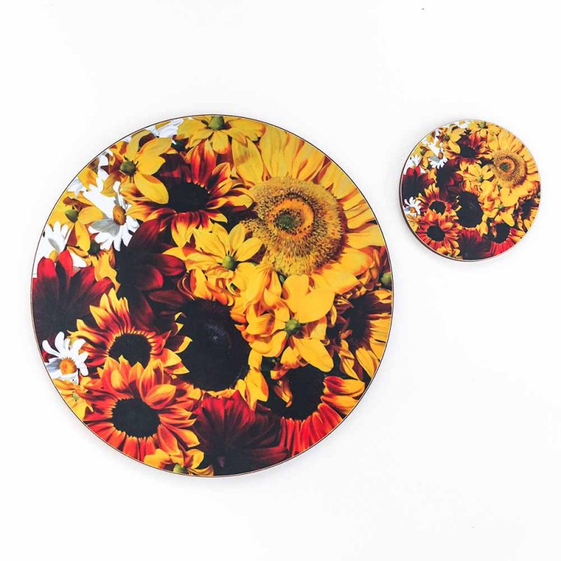 Yellow and toffee sunflowers painting by Sarah Caswell melamine tablemat and coaster range