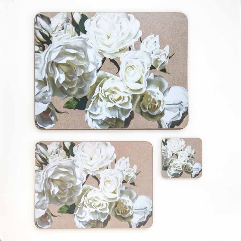 White Iceberg rose painting on linen by Sarah Caswell melamine tablemat and coaster range