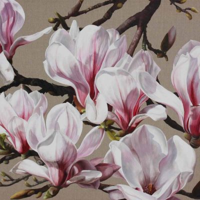 Pink and white magnolia on linen background painting by UK floral artist Sarah Caswell