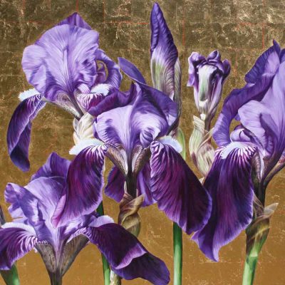 Blue irises on gold background painting by UK floral artist Sarah Caswell