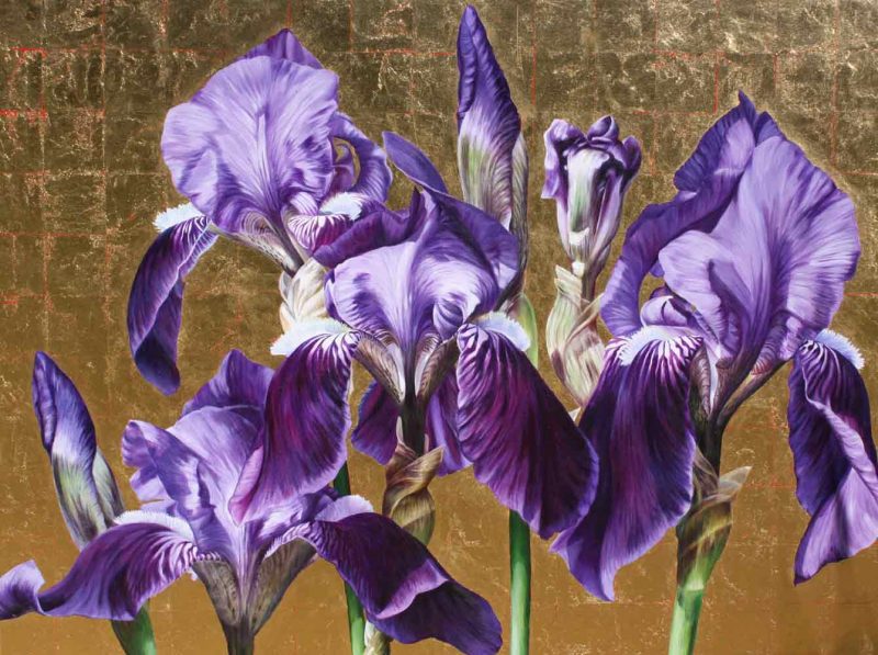 Blue irises on gold background painting by UK floral artist Sarah Caswell