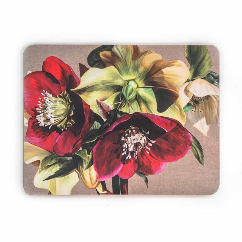 Burgundy and green hellebores on linen painting by Sarah Caswell melamine tablemat