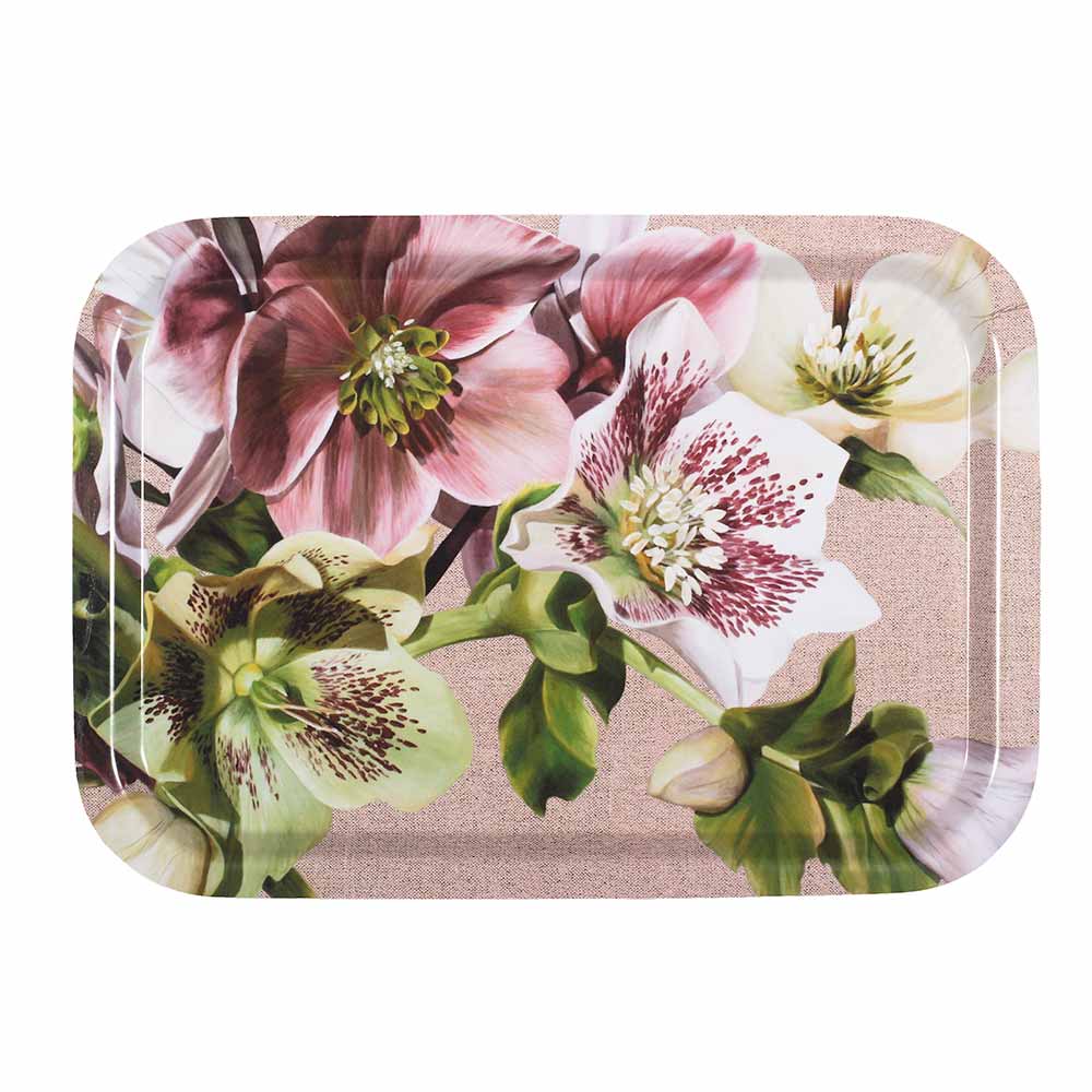 Pink, green and spotted white hellebores painting on linen by Sarah Caswell birchwood tray