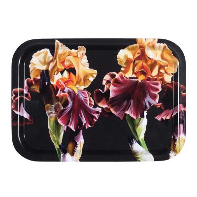 Toffee and gold iris on deep brown background painting by Sarah Caswell birchwood tray