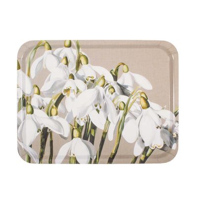 White and green snowdrop galanthus painting on linen by Sarah Caswell birchwood tray