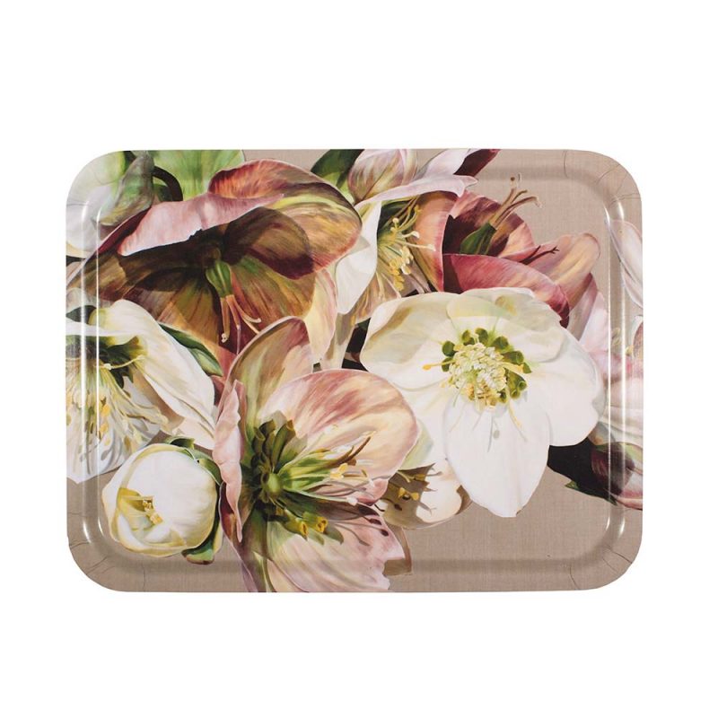 Pink and white hellebores painting on linen by Sarah Caswell birchwood tray