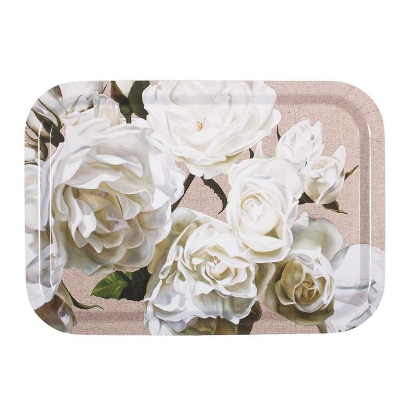 White Iceberg roses on linen painting by Sarah Caswell birchwood tray