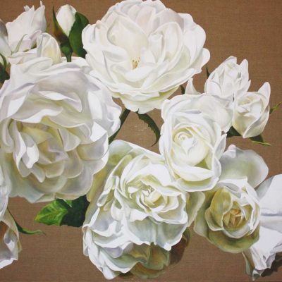 White iceberg roses on linen background painting by UK floral artist Sarah Caswell