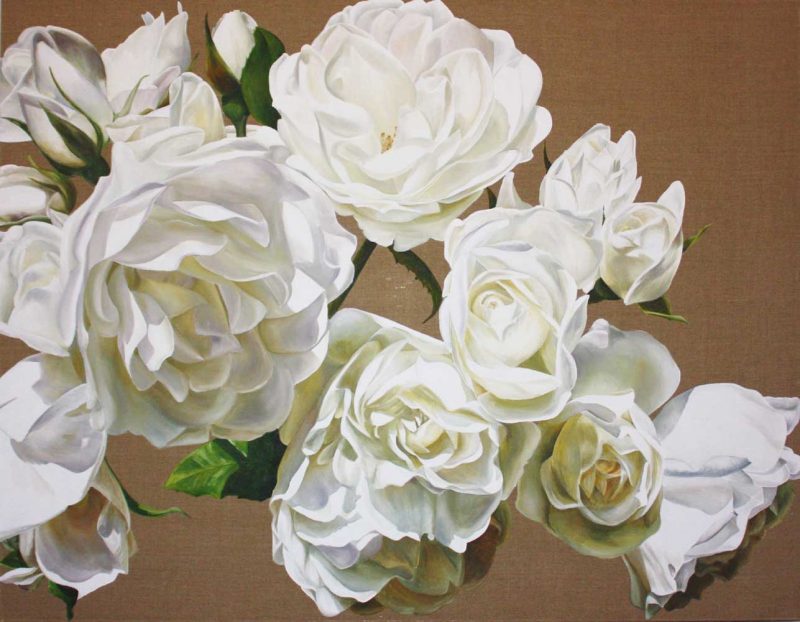 White iceberg roses on linen background painting by UK floral artist Sarah Caswell