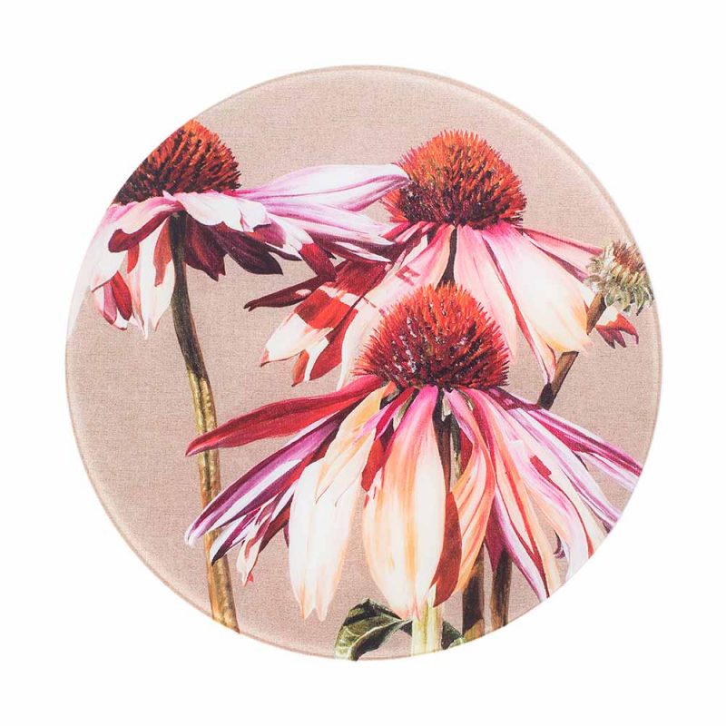 Multi-coloured echinacea Sundowner painting on linen by Sarah Caswell round glass worktop saver or coaster