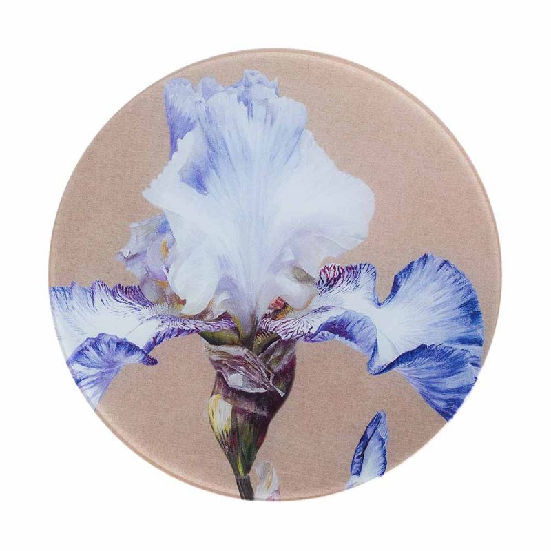 Blue and white iris painting on linen by Sarah Caswell round glass worktop saver or coaster