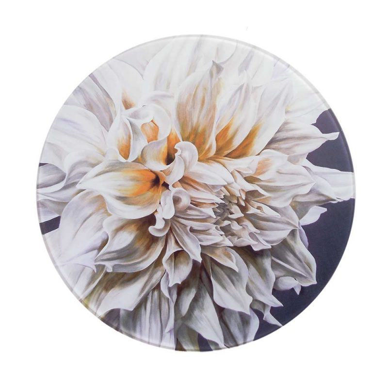 Creamy white Cafe au Lait dahlia painting by Sarah Caswell round glass worktop saver or coaster