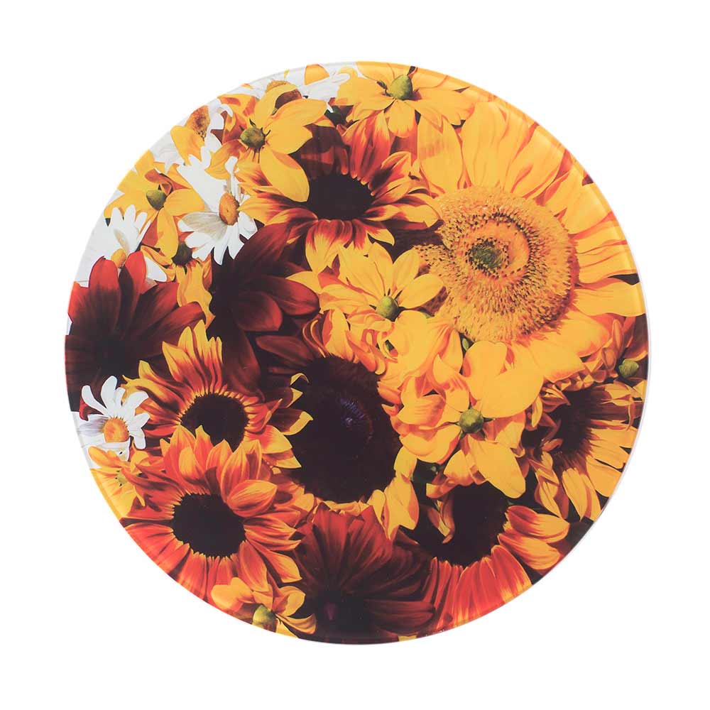 Yellow and toffee coloured sunflowers painting by Sarah Caswell round glass worktop saver or coaster