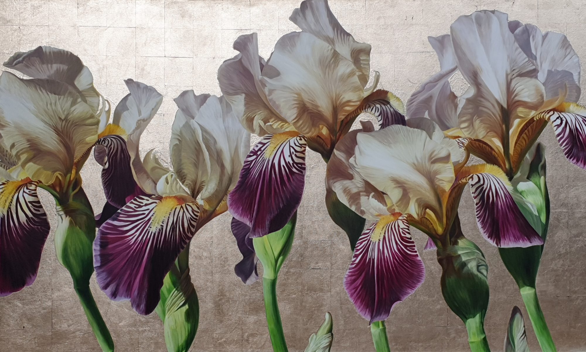 Original acrylic painting by Sarah Caswell, 'Five' Bearded iris ‘Lorelei’ in bright sunshine. On 22.5ct moon goldleaf and cotton canvas.