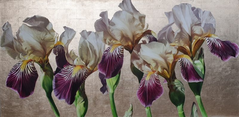 Original acrylic painting by Sarah Caswell, 'Five' Bearded iris ‘Lorelei’ in bright sunshine. On 22.5ct moon goldleaf and cotton canvas.