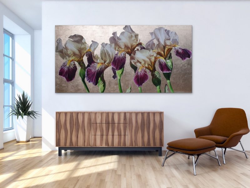 Original acrylic painting by Sarah Caswell, 'Five' Bearded iris ‘Lorelei’ in bright sunshine. Depicted in a home setting.