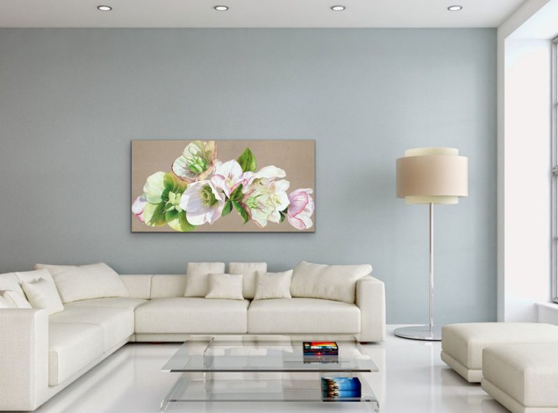 Canvas print of original acrylic painting 'Hellebore Fresh' by Sarah Caswell. Depicted in a living room setting