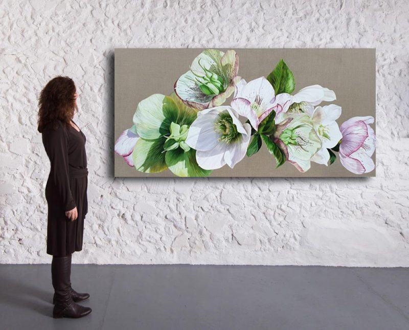 Original acrylic painting 'Hellebore Fresh' by Sarah Caswell. Depicted in a gallery setting