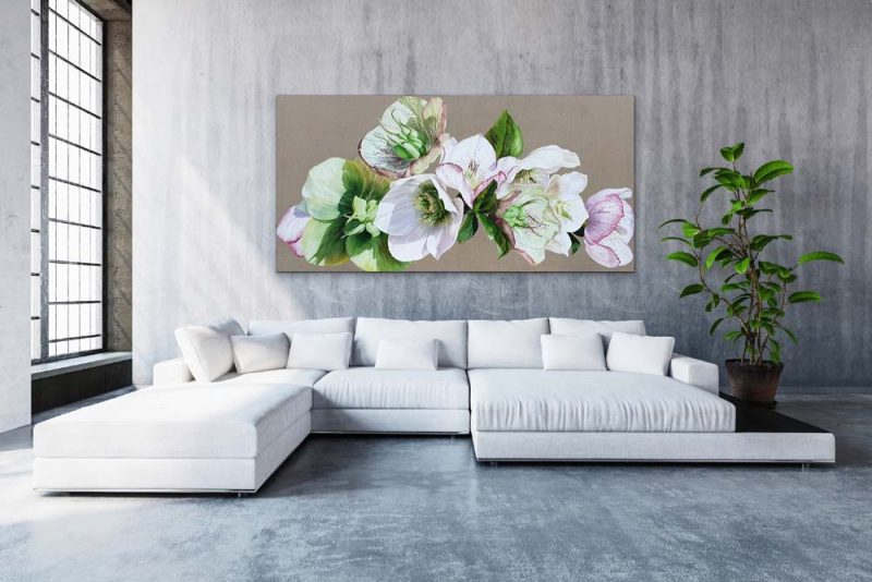 Original acrylic painting on linen by Sarah Caswell, Hellebore Fresh