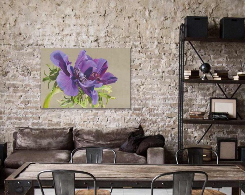 Canvas Print of original painting, 'Reverence of Anemones' on linen background by Sarah Caswell. Depicted in a home setting.
