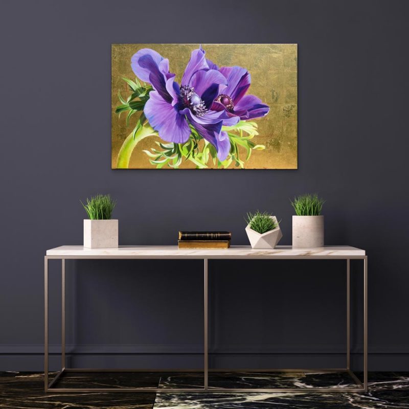 Original acrylic painting on canvas, 'Reverence of Anemones' Rich purple anemones in bright sunshine on 23.5ct yellow gold leaf background by Sarah Caswell. Depicted in a home setting.