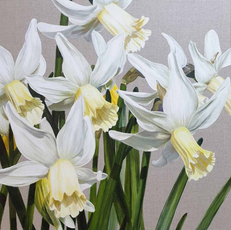 Original acrylic painting of White and pale lemon daffodils ‘Jenny’ in a light breeze and bright sunshine on linen canvas.