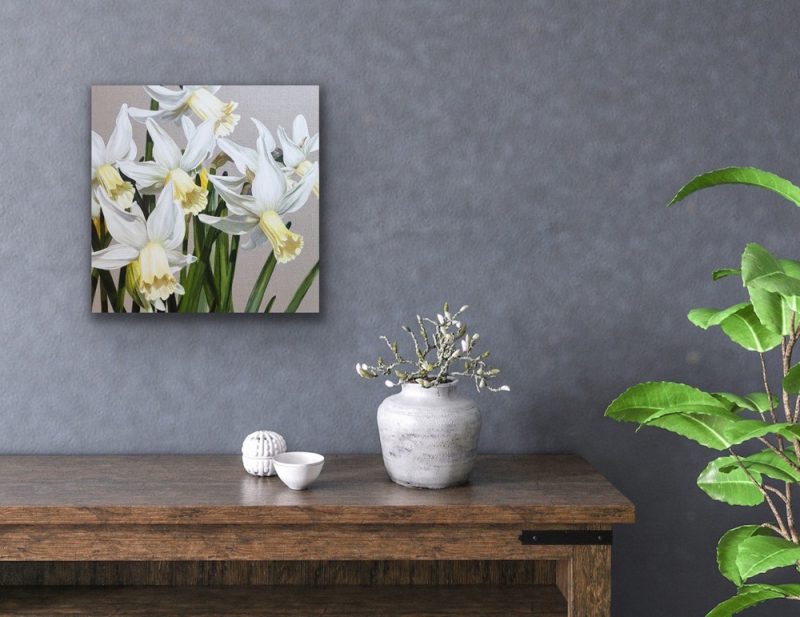 Original acrylic painting of White and pale lemon daffodils ‘Jenny’ in a light breeze and bright sunshine on linen canvas, depicted in a home setting.