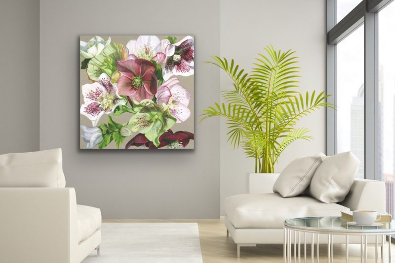 Original acrylic painting on linen canvas, A collection of hellebores from white, pink veined, through green to darkest claret. In bright sunshine, depicted in a living room setting.