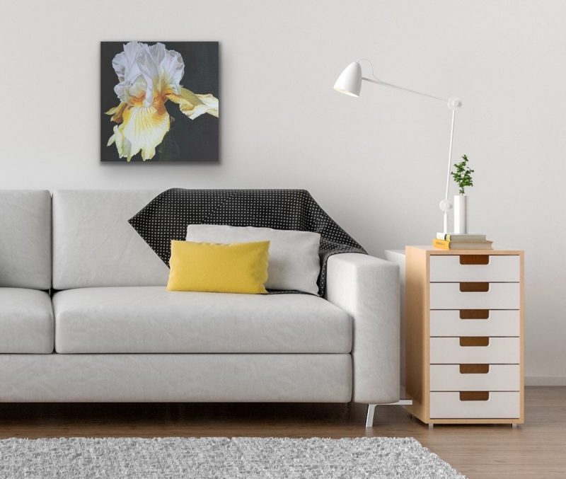 Original acrylic painting on cotton canvas, Lemon yellow and white bearded iris in bright sunshine on cast iron painted ground, depicted in a living room setting.