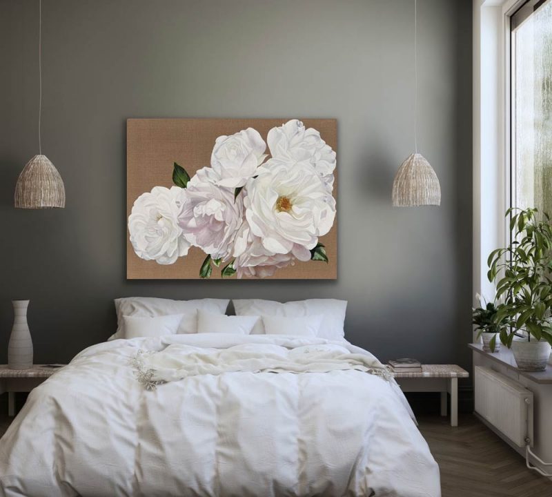 Canvas Print of the painting Warm Iceberg Sunshine on cotton canvas, displayed in a bedroom setting