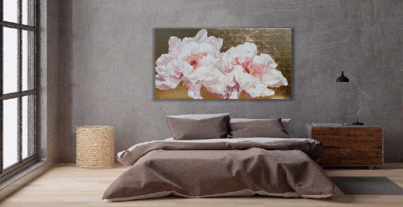 Original acrylic painting on gold leaf background by Sarah Caswell of Tree peonies in bright sunshine. Shown in a bedroom setting.