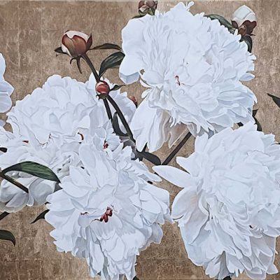 Canvas print of original acrylic painting by floral artist Sarah Caswell. White peonies tinged with magenta in bright sunshine on gold leaf