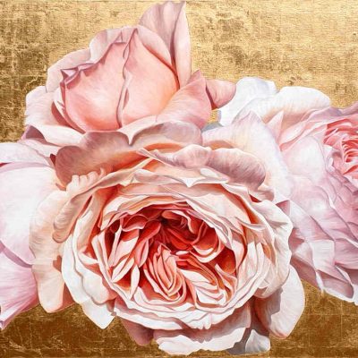 Original acrylic painting by Sarah Caswell of Coral pink David Austin ‘Jubilee Celebration’ roses in bright sunshine on red gold.