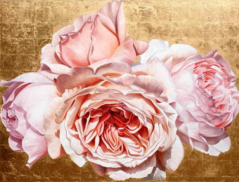 Original acrylic painting by Sarah Caswell of Coral pink David Austin ‘Jubilee Celebration’ roses in bright sunshine on red gold.