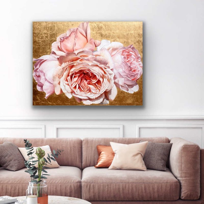 Original acrylic painting by Sarah Caswell of Coral pink David Austin ‘Jubilee Celebration’ roses in bright sunshine on red gold. Shown in a home setting.