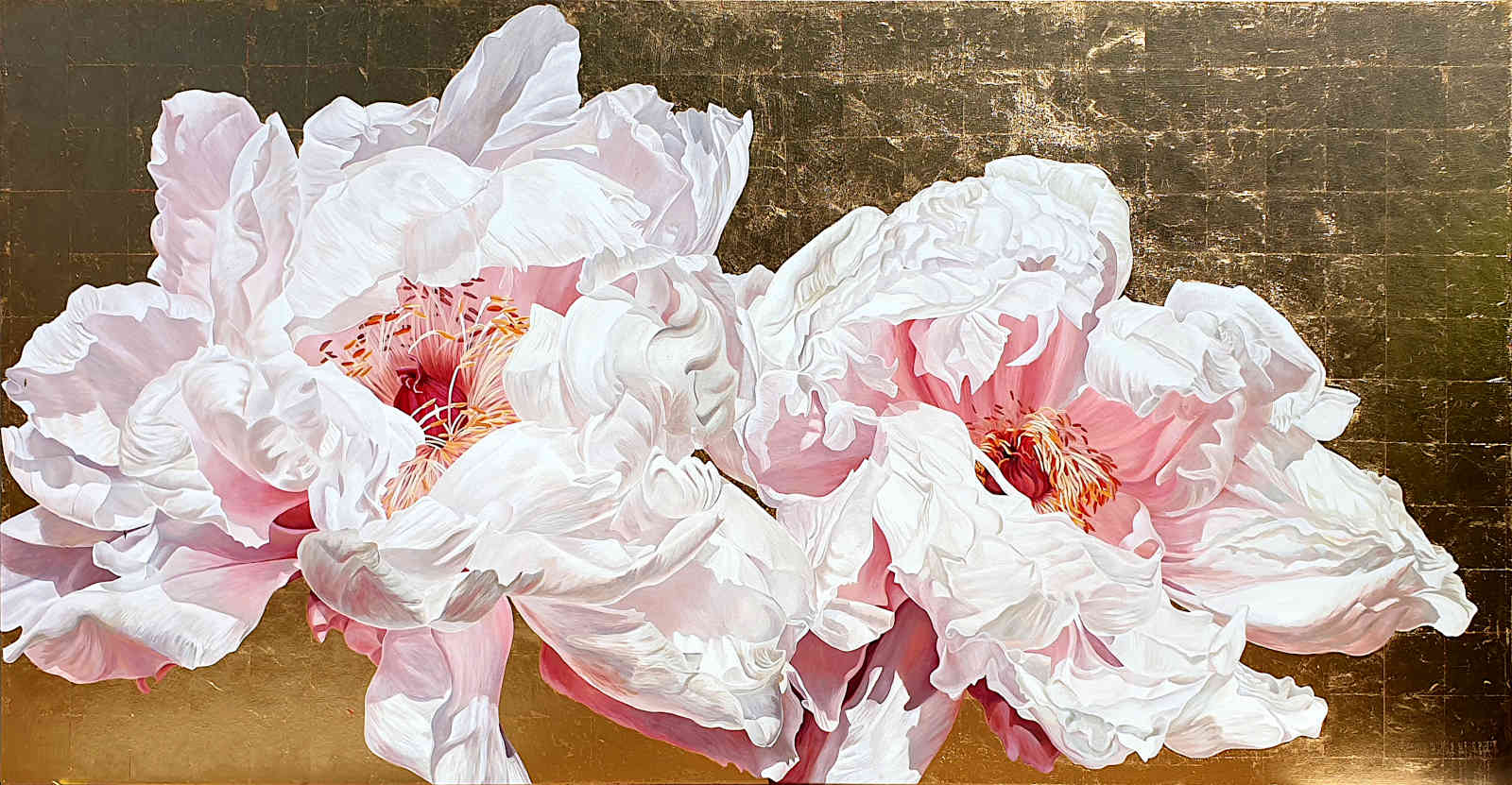 An original painting of palest pink tree peonies on red gold leaf by UK artist Sarah Caswell