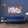 Canvas print of original acrylic painting by floral artist Sarah Caswell. Tree peonies in bright sunshine on gold leaf