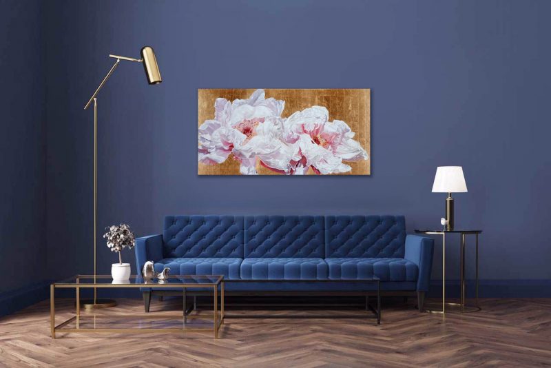 Canvas print of original acrylic painting by floral artist Sarah Caswell. Tree peonies in bright sunshine on gold leaf