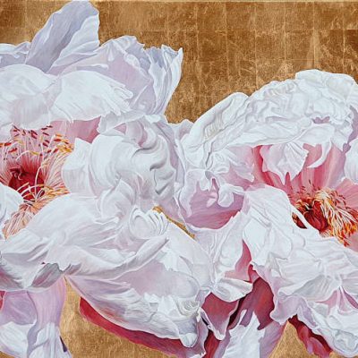 Original acrylic painting by floral artist Sarah Caswell. Tree peonies in bright sunshine on gold leaf